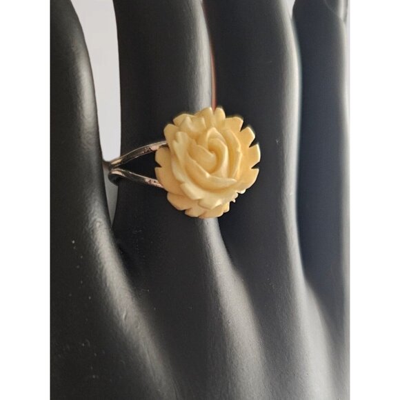 BEAU STERLING CREAM ROSE CELLULOID Ring VINTAGE ESTATE JEWELRY Size 6 RARE 925 - Picture 11 of 12